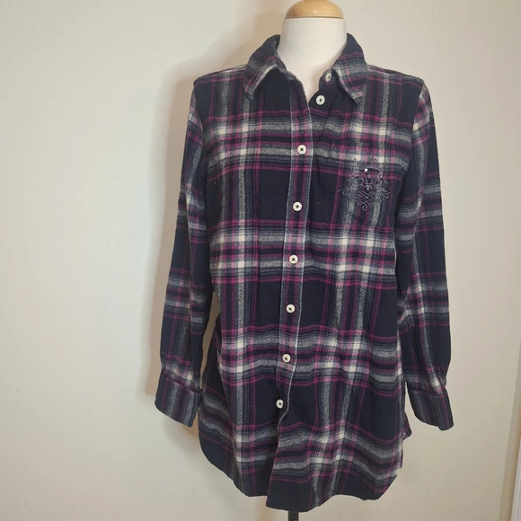 Soft Surroundings pink  and black plaid button down flannel shirt SZ S - Picture 3 of 10